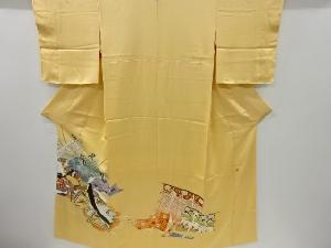 リサイクル　作家物　手描き平安貴族模様刺繍五つ紋色留袖(比翼付き)